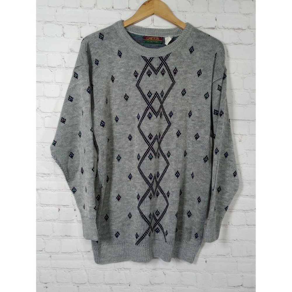 Oakton Limited Vintage Men's 100% Acrylic Sweater Size LT Gray Diamond Patterns
